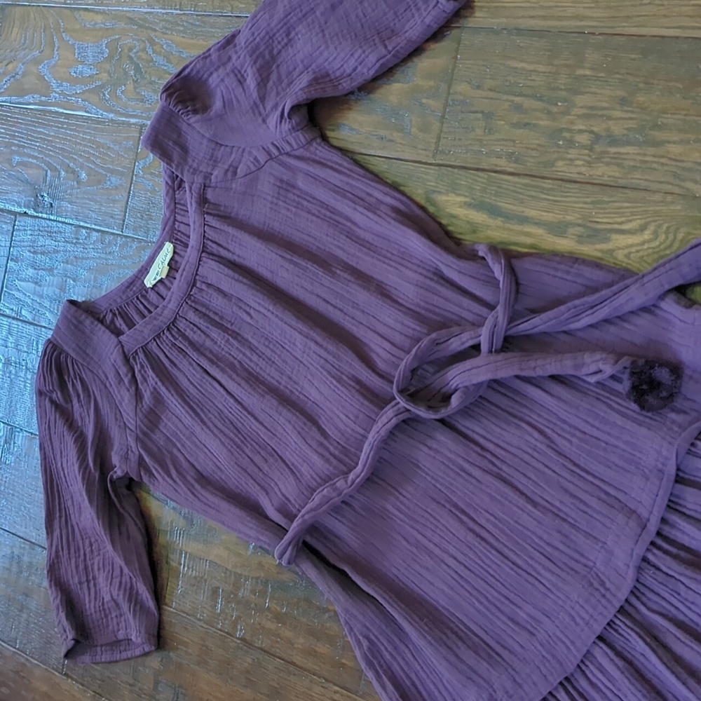 JOHNNY WAS CALME' I Eggplant Purple Double Gauze Belted Knee Length Dress, XS